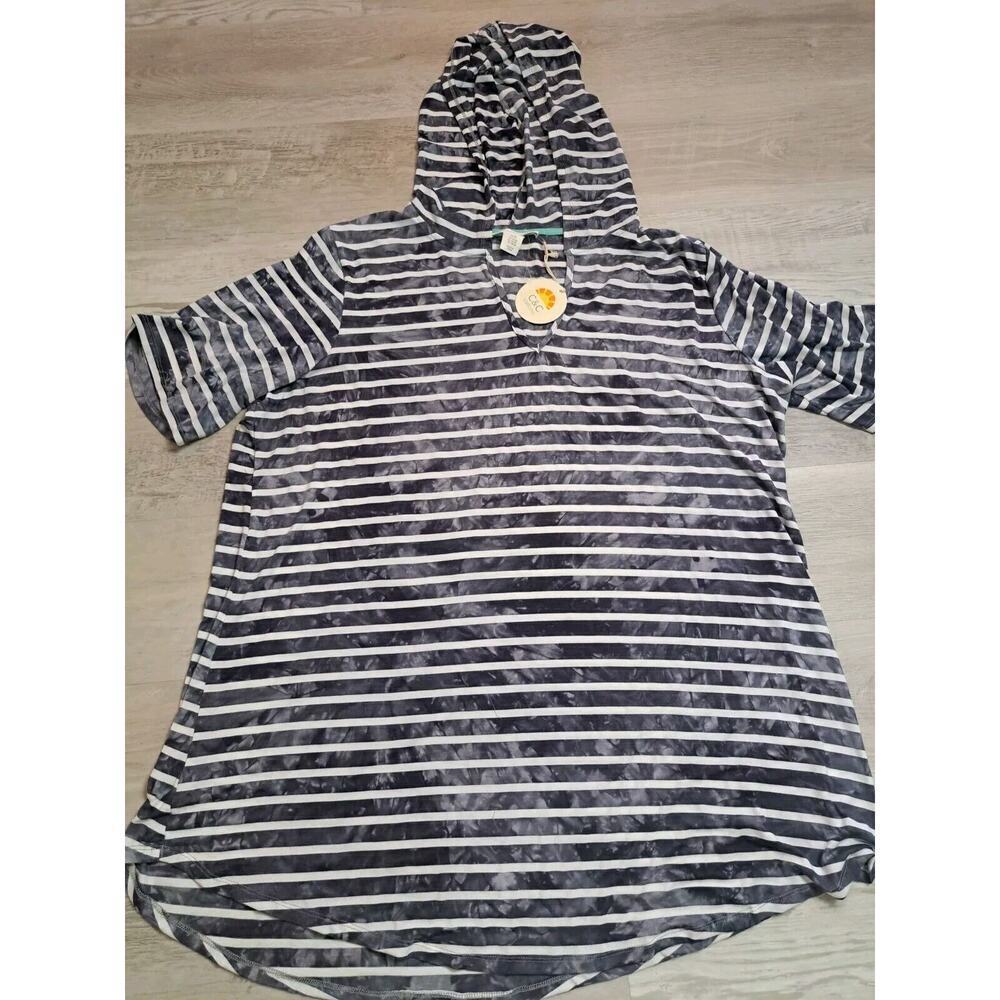C&C California Women Tunic Hooded Top 3X Navy Coastal Distressed Grunge Cover-up - Picture 10 of 10